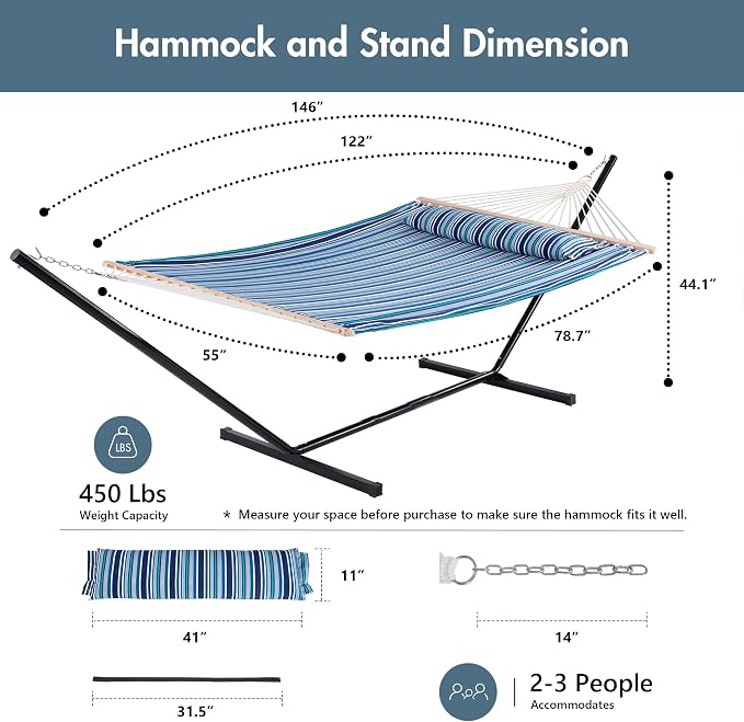 ANOW Double Hammock with Stand 12FT, Heavy Duty Hammock with Stand for Outdoors, 450 LBS Weight Capacity, Blue Stripes