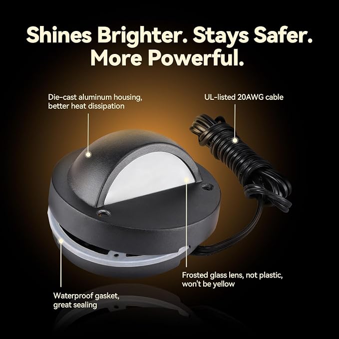 LEONLITE 12-Pack 5CCT 3.74inch Low Voltage LED Deck Lights, Black | 180LM, 12-24V AC/DC, CRI90, UL Listed, Die-cast Aluminum Housing, Frosted Glass Lens, 1800K/2700K/3000K/4000K/5000K