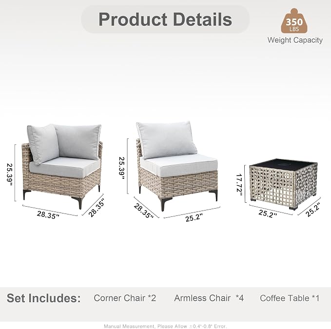 HOOOWOOO Outdoor Patio Furniture Set,7 Pieces Wicker Out Door Sectional Furniture L Shaped Couch,Outside Patio Conversation Sets with LED Table,Light Gray
