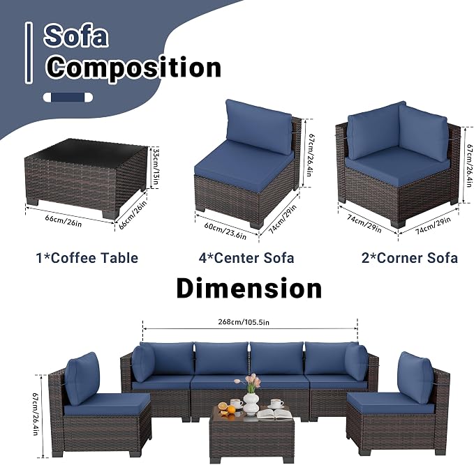 LAFWLL 7 Pieces Outdoor Patio Furniture Sets,Rattan Conversation Sectional Set,Manual Weaving Wicker Patio Sofa with Tea Table