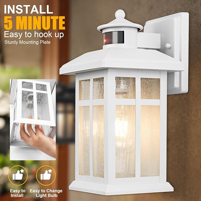 2 Packs Motion Sensor Outdoor Lights, Outside Light Fixtures for House | Porch Lights Outdoor with E26 Sockets & Tempered Glass, Dusk till Dawn Waterproof Exterior Wall Lights Motion Sensor, White