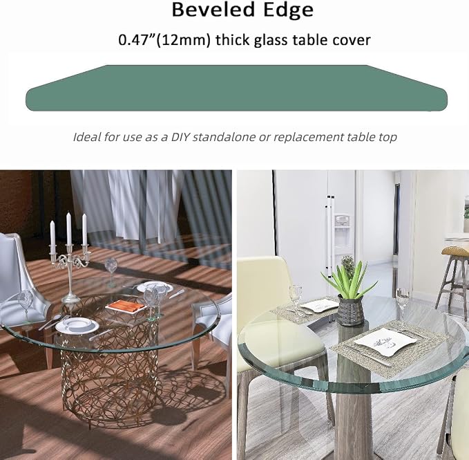 36 Inch Round Transparent Tempered Glass Table Top, Clear Table Surface Protector, Safe 1/2" Thick-Beveled Polished Edge, Replacement Glass Top for Home, Office, Patio, Outdoor/Indoor