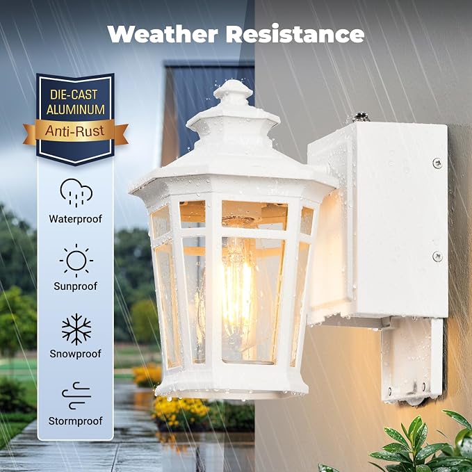 Gleamz Outdoor Wall Lights with GFCI Outlet, White 2-Pack Exterior Lighting Fixtures with Dusk to Dawn Sensor, Porch Light with Outlet Wall Mount, Waterproof Front Door Light Fixture Outdoor