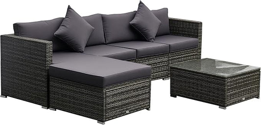 Outsunny 6 Piece Patio Furniture Set Outdoor Wicker Conversation Set All Weather PE Rattan Sectional Sofa Set with Ottoman, Cushions and Tempered Glass Table, Mixed Gray and Gray