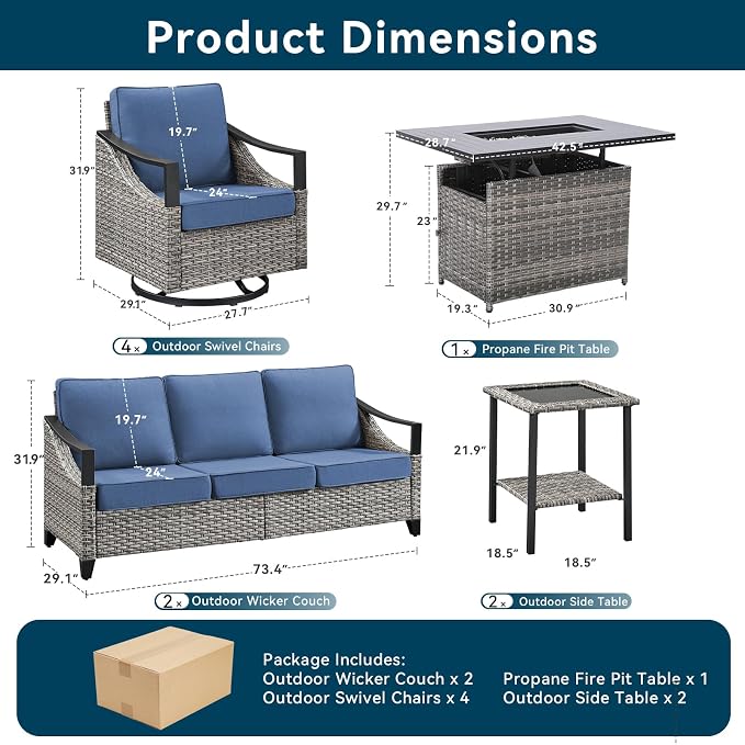 Patio Furniture Set with 42.5" Fire Pit Table-9 Pieces All Weather Wicker Outdoor Furniture with High Back Swivel Patio Chairs Set of 4 Outdoor Patio Conversation for Deck Garden Blue/Gray