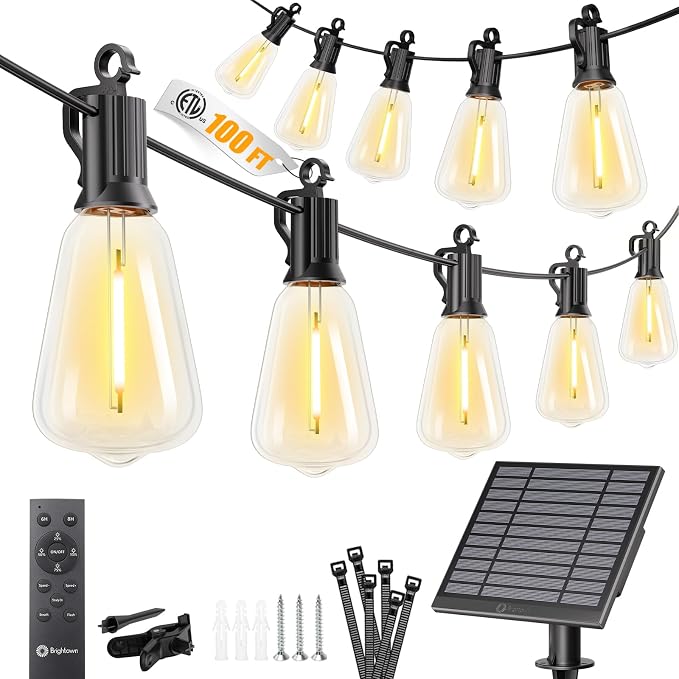 Brightown 100FT Solar String Lights Outdoor, 31+2 Shatterproof LED Lights | Waterproof, Remote Control, Dimmable, Timer, 3 Light Modes Solar Lights for Yard, Camping, Parties and Outdoor Decor