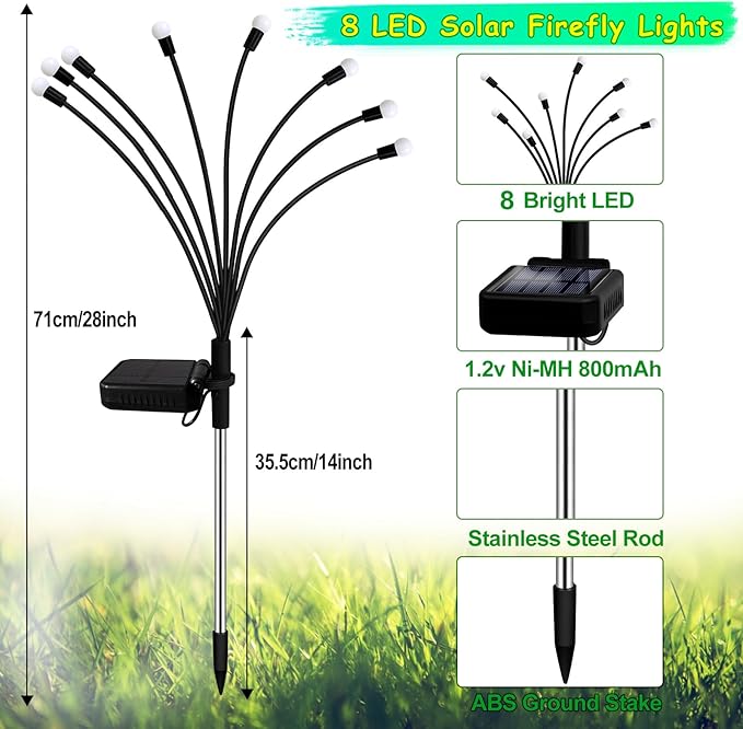 Solar Garden Lights Outdoor, 2 Pack 16 LED Solar Firefly Lights Waterproof, Sway by Wind, Swaying Light for Yard Patio Backyard Garden Planter Flower Bed Pathway Outdoor Decoration (Warm White)
