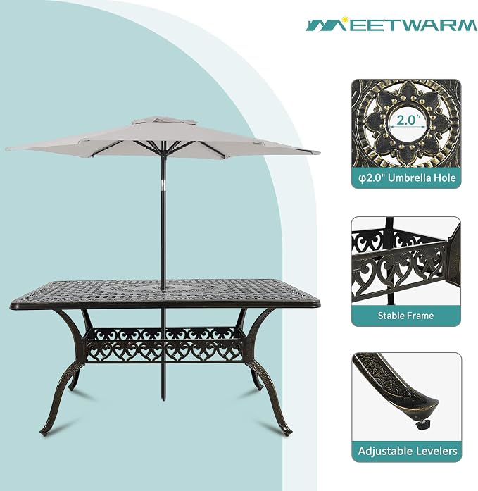 MEETWARM 7-Piece Outdoor Patio Dining Set, All-Weather Cast Aluminum Patio Conversation Set with 6 Cushioned Swivel Rocker Chairs for Backyard Garden Deck, 1 Rectangular Table, Navy Blue