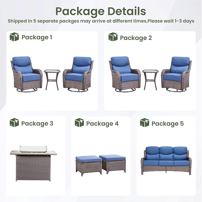 Luxury Patio Furniture Set 10pcs with 6-inch Cushion, Outdoor Furniture with Fire Pit Table, Swivel Chairs, Sofa, Side Table, Ottomans, Patio Set for Deck Yard Brown Wicker | Blue Cushions