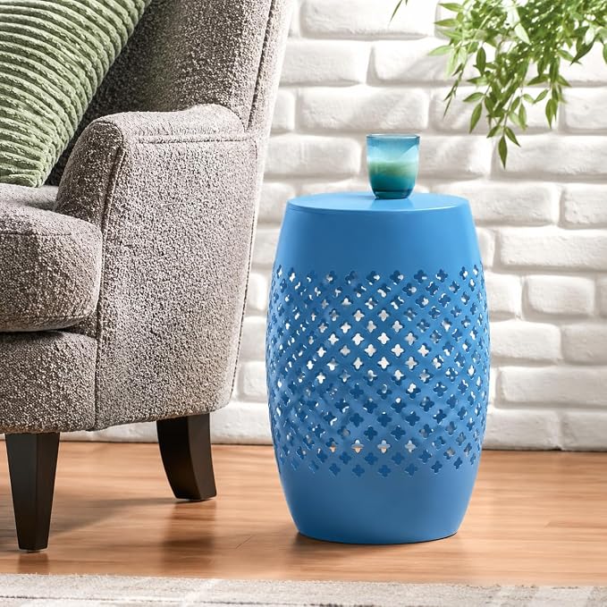 12" Outdoor Side Table, Decorative Cutout Metal Round Side Table, Multi Functional - Coffee Table, Night Stand, Plant Stand for Patio, Garden, Backyard, Gazebo Indoor (Blue)