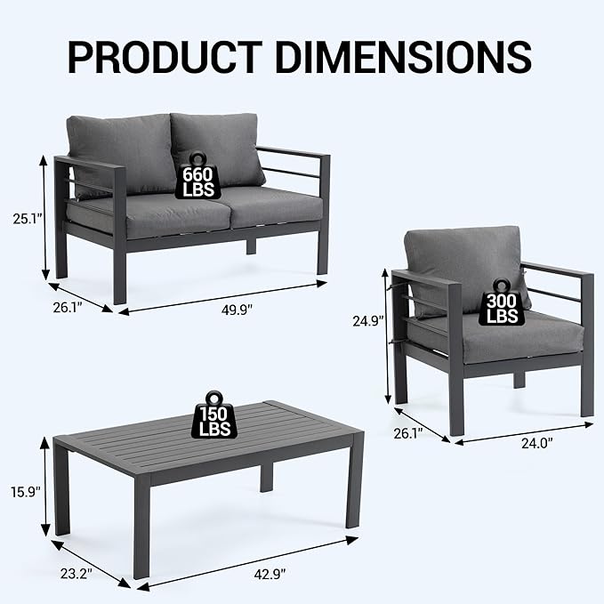 4-Piece All-Weather Metal Patio Furniture Set, Sectional Conversation Sofa w/Coffee Table, Heavy Duty Steel Frame & Washable Cushions for Backyard Garden (Grey, Furniture Set（Straight）)