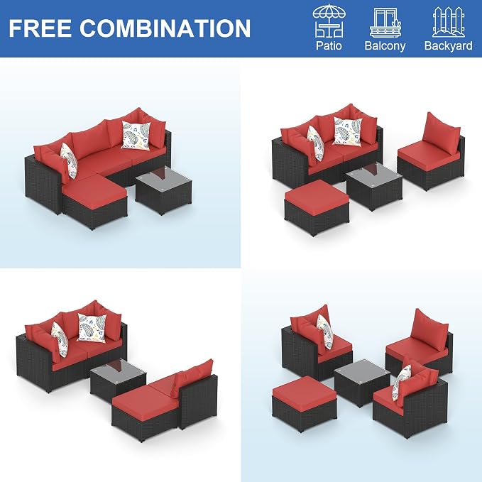 Patio Furniture Set, 5PCS Patio Sectional with Ottoman Wicker Rattan Outdoor Furniture with Thickened Cushion Modular Wicker Patio Conversation Set with Glass Top Table for Balcony, Backyard(Red)