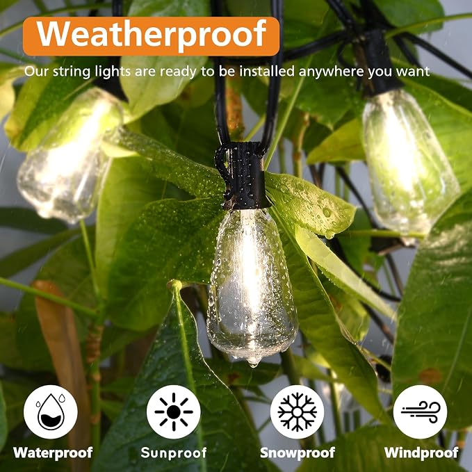 Brightever Dimmable Outdoor String Lights with Remote, 3 Colors in 1 LED Patio Light for Outside with 25+1 ST38 Edison Bulbs, 50FT 3 Modes Gazebo Lighting Waterproof for Camping, 2700K/4000K/5000K