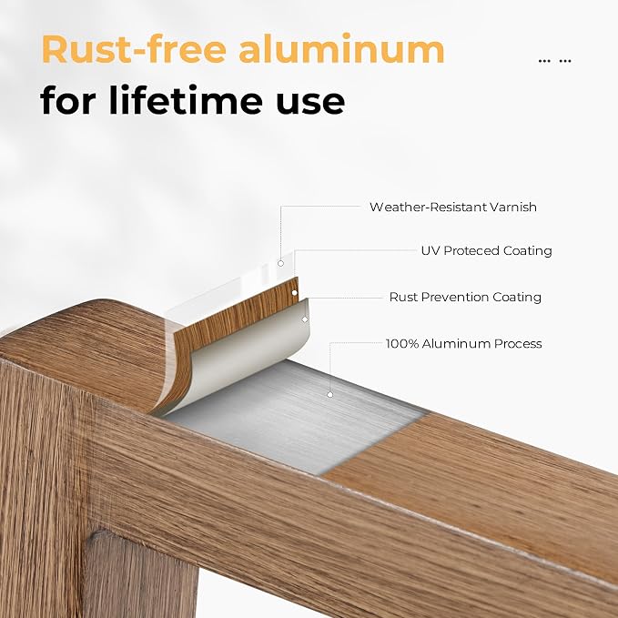 HAPPATIO Outdoor Dining Table for 6, Rectangular Aluminum Patio Table with Umbrella Hole, 6-Person Rustproof Wood-Like Table for Lawn Garden Backyard