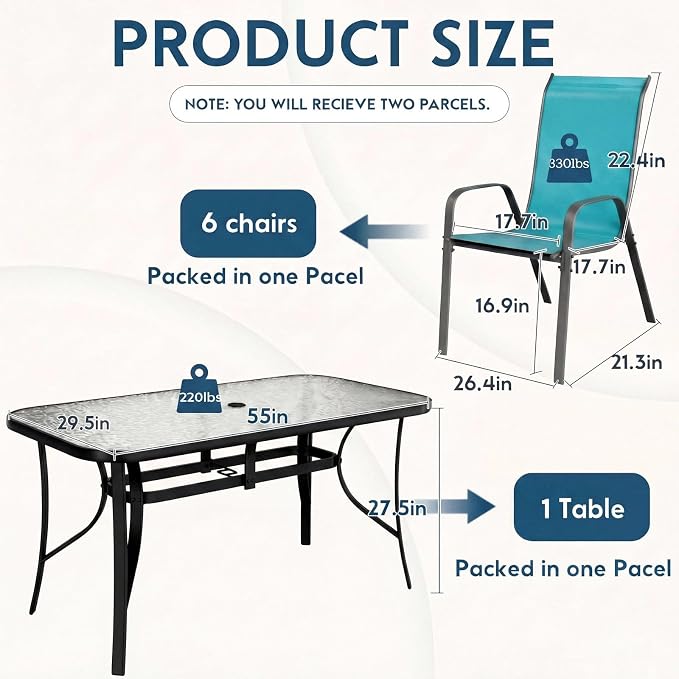 Arlopu 7-Piece Outdoor Table and Chairs for 6, Outdoor Dining Set W/Rectangle Glass Table and Patio Textilene Stackable Chairs, Patio Furniture Set W/Umbrella Hole (Black Table & Sky Blue Chair)