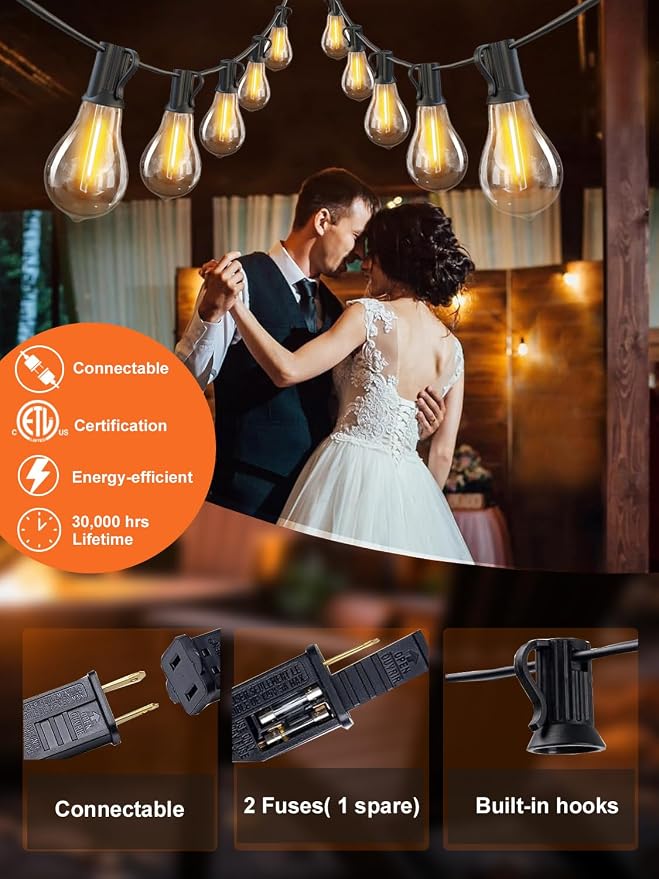 Outdoor String Lights 100FT Patio Lights Waterproof for Backyard Porch Deck | 2FT Bulbs Spacing, 100FT Connectable Outside Lighting with 43 Shatterproof Dimmable LED Edison Bulbs for Garden Balcony Party