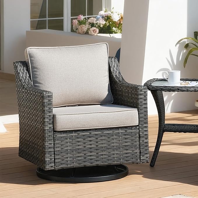 Luxury Outdoor Swivel Rocking Chair, Easy Assembly Patio Rocker for Porch Deck Balcony Yard Poolside in Gray Wicker and Beige Cushion