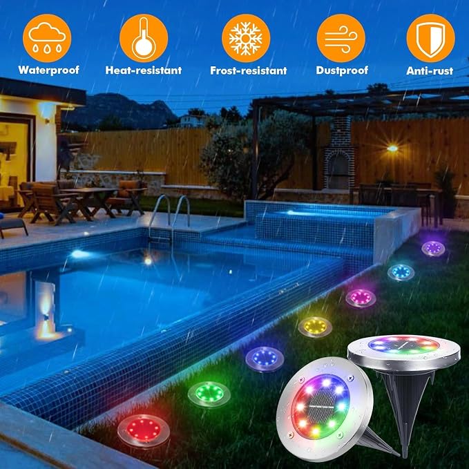 LYHOPE Solar Ground Light Outdoor, 8 Pack 8 LED Color Changing Solar Disk Lights Waterproof Garden In-ground Pathway Lights Landscape Lighting for Lawn,Yard,Deck,Patio,Walkway (RGB)