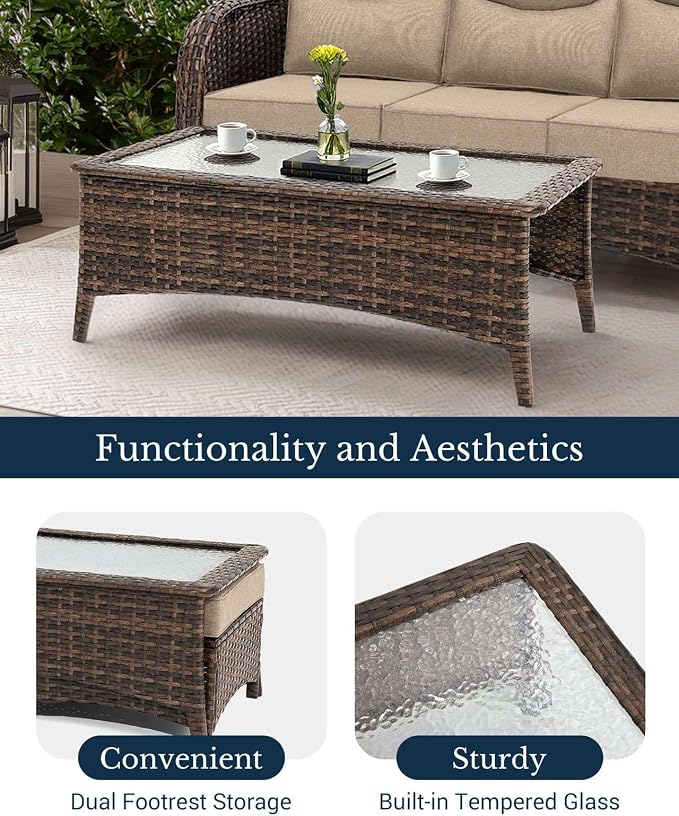 HILLGA Luxury Outdoor Patio Furniture Set with 6-Inch Thick Cushions, High Back Wicker Swivel Rocker Chairs, 11 Pcs All Weather Conversation Set for Large Deck, Yard and Poolside, Beige (V3)