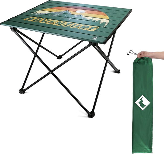 VILLEY Portable Camping Side Table, Ultralight Aluminum Folding Camp Table with Mountain Silhouette Print and Carry Bag, Compact Outdoor Picnic Table for Camping, Beach, Hiking, Travel, Large