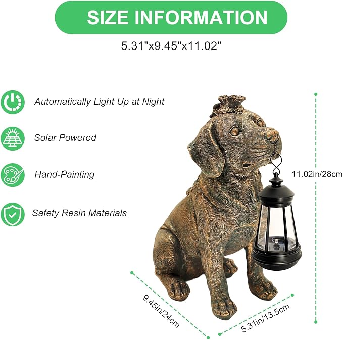 Solar Garden Statue Dog Figurine Decor with Lantern Lights, 11 Inch Outdoor Decoration Solar Dog Sculptures for Outside Patio Lawn Balcony Yard Ornament, Dogs Lover Gifts for Women Mom Birthday