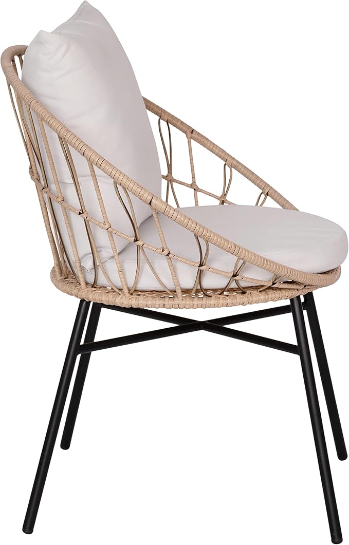 EMMA + OLIVER Ari 3 Piece Boho Patio Set - Tan Finish Faux Rattan Rope Chairs - Light Gray Removable Cushions - Tempered Glass Top Side Table - Indoor/Outdoor