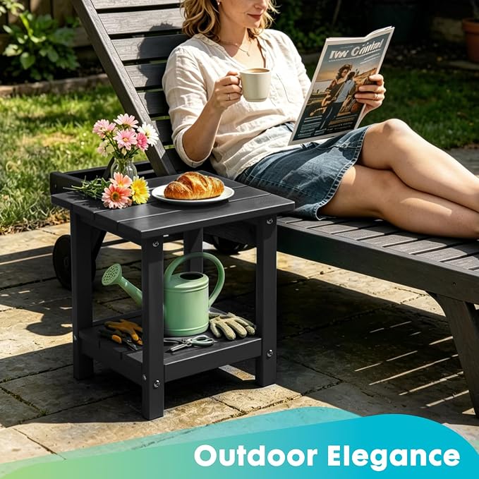 Outdoor 2-Tier Square Side Table, Adirondack Weather Resistant Patio End Table, Low Maintenance HDPE Accent Table for Backyard, Pool, Porch, Deck, Black