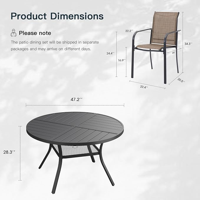VICLLAX 7 Pieces Patio Outdoor Dining Set, 47.2" Round Metal Table with Umbrella Hole and Storage Shelf, 6 Stackable Textilene Chairs for Patio, Lawn, Garden, Porch, Black/Brown