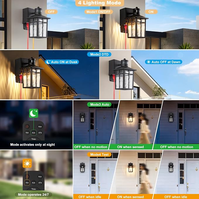 Porch Light with GFCI Outlet with Remote,Dusk to Dawn Motion Sensor Outdoor Light,Upgraded 4 Lighting Modes Black Front Door Light,Waterproof Outside Lights for House Patio Garage Entryway, 2 Pack
