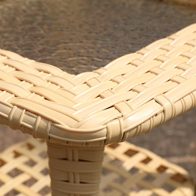 Outdoor Wicker Patio Side Table with Tempered Glass Top, 2-Tier Patio End Table with Storage Shelf, All-Weather PE Rattan Small Patio Table for Balcony, Backyard, Garden, Porch