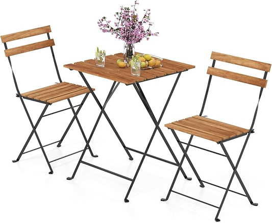 Tangkula 3 Pieces Patio Dining Set, Outdoor Square Table and Folding Chairs with Metal Frame, Space Saving Furniture Set for Yard Porch Deck Backyard