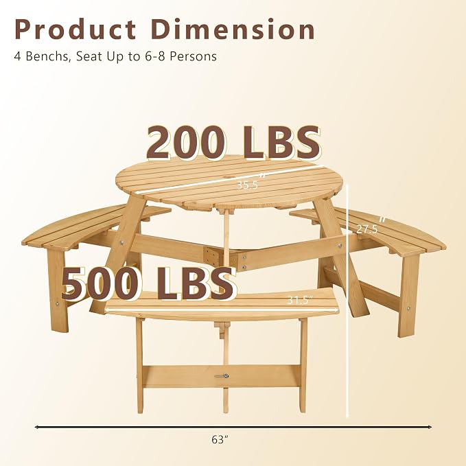 6 Person Wood Dining Table, Outdoor Round Picnic Table with 3 Built-in Benches, Umbrella Hole, Outside Patio Backyard Table and Bench Set, 500lbs Capacity Per Bench (Oak)