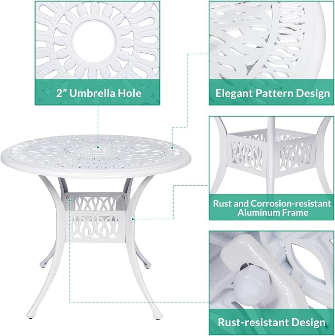 VIVIJASON 3-Piece Outdoor Patio Bistro Set, All-Weather Cast Aluminum Furniture Dining Sets Include 2 Chairs and 35.4" Round Table w/Umbrella Hole for Balcony, Lawn, Garden, Backyard, White