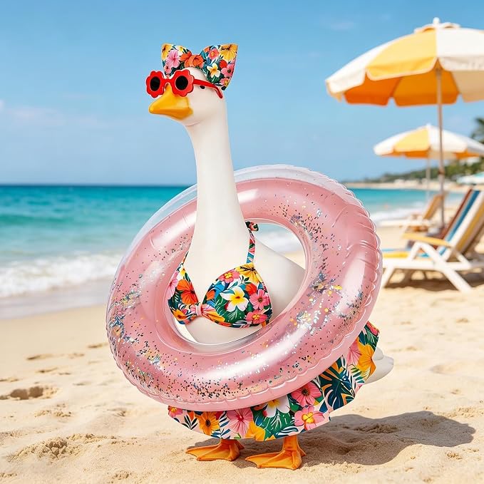 23 in Porch Goose Summer Outfit Bikini, Hawaiian Porch Goose Swimsuit Clothes Costume Accessories with Bow Glasses Swim Ring for 23" Summer Goose Garden Patio Statue Decor (Flower)