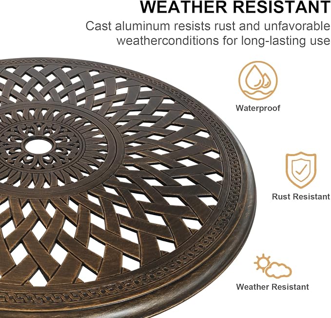 30 inches Patio Table with Umbrella Hole, Aluminum Round Bistro Table, Small Patio Furniture for Porch Backyard Outdoor (Bronze)