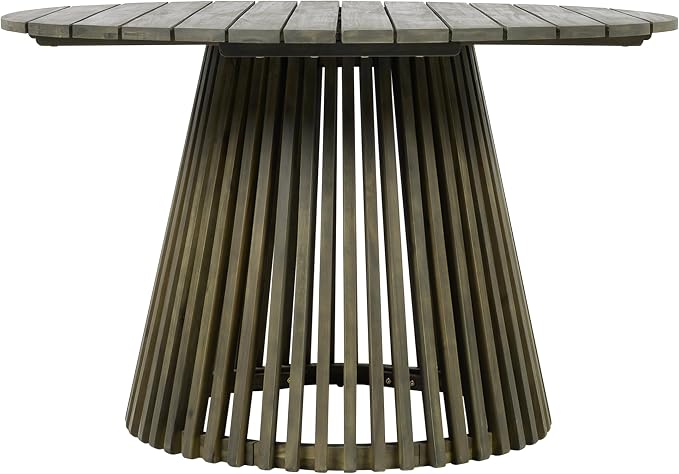 roomfitters 47.25" Round Outdoor Dining Table, Slatted Pedestal Base Acacia Wood Patio Table for 4-6 People, Grey