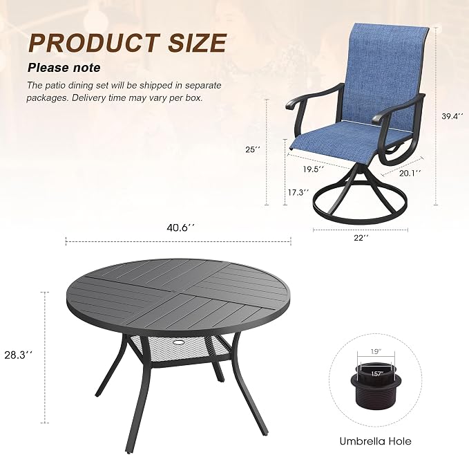 VICLLAX Patio 5 Pieces Outdoor Dining Set, 40.6" Round Metal Table with Umbrella Hole and Storage Shelf, 4 Swivel Textilene Chairs for Lawn, Garden, Porch, Black/Dark Blue