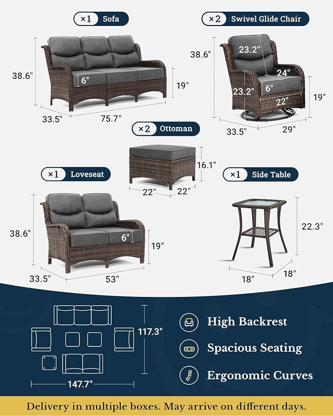 HILLGA 7-Piece Luxury Patio Furniture Set with 6" Thick Cushions, Weather-Resistant Wicker High Back Swivel Rocker Chairs, Senior-Friendly Outdoor Loveseat Set for Large Deck and Poolside, Gray(V2)