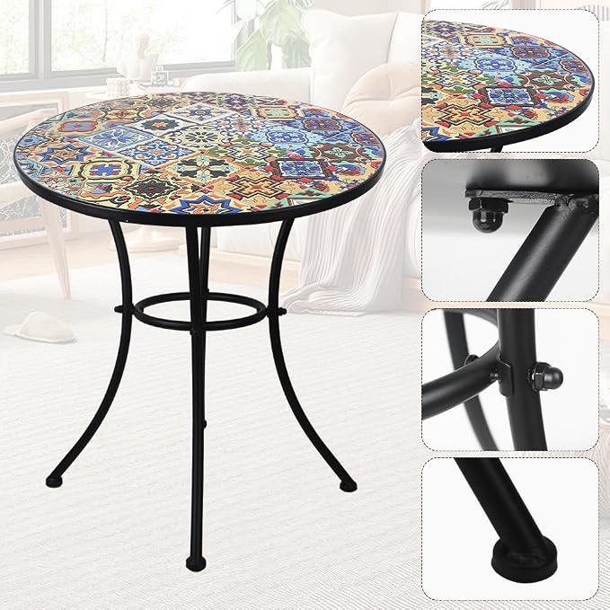 23.6" Outdoor Patio Mosaic Round Table Garden Bistro Accent Table | Ceramic Tile Waterptoof Side End Table Metal Frame Dining Table Furniture for Balcony Backyard Porch Poolside Terrace