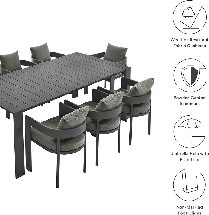 Modway Tahoe Outdoor Patio Powder-Coated Aluminum 9-Piece Dining Set in Gray Charcoal - Rectangular Patio Furniture Set for 8 - Outside Table with Umbrella Hole and Cushioned Chairs - Modern Patio Set