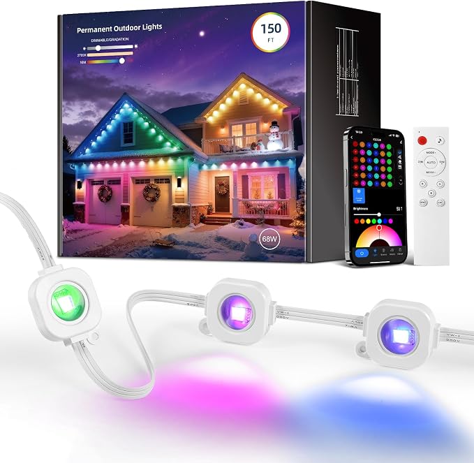CDN Eaves Permanent Outdoor Lights, 150FT RGB+IC Outdoor Decor Light with 111+ Scene Modes, 90 LED Lights, Smart APP & Remote Control, Waterproof Permanent Light for Daily Holiday Decorations