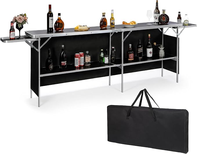 REDCAMP Portable Bar Table, Pop Up Folding Mobile Bar Bartender Table Podium Table with Side Rack for Events, Party, Camping, Tradeshow, Exhibition, Easy Setup, Black, 111"x33"x15"