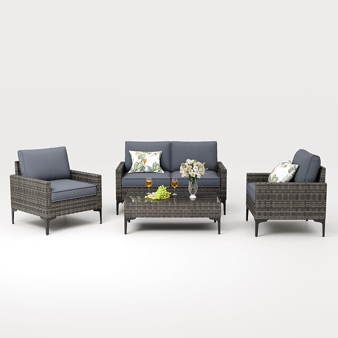 JOYURE 4-Piece Patio Furniture Set,Outdoor Wicker Patio Conversation Set with Tempered Glass Table,All-Weather Rattan Sectional Loveseat&Chairs with Thick Cushions for Garden,Deck,Backyard-Grey