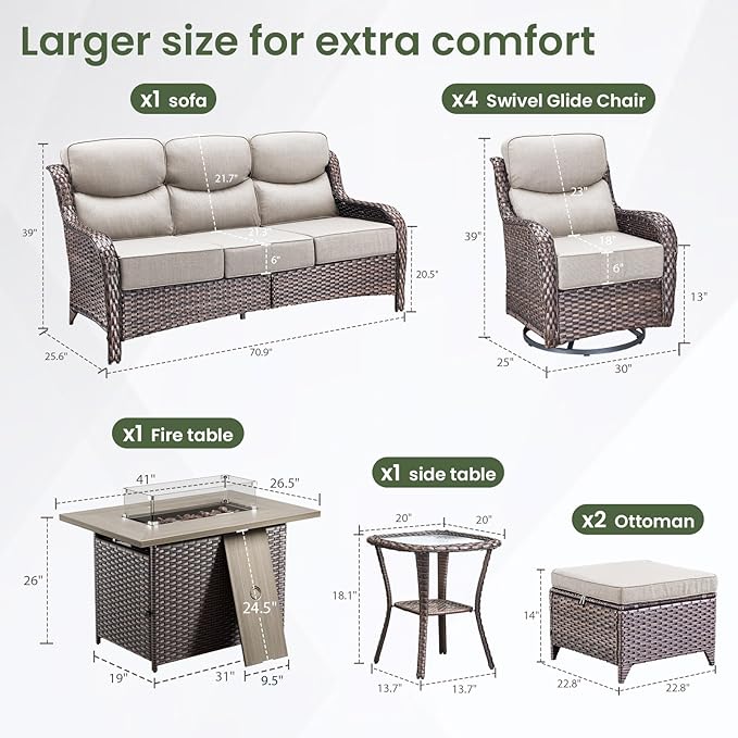 Luxury Patio Furniture Set with 6-inch Thick Cushion, Outdoor Furniture with Fire Pit Table, Swivel Chairs, Sofa, Side Table, Ottomans, 9pcs Wicker Conversation Set(Brown Wicker/Beige Cushion)