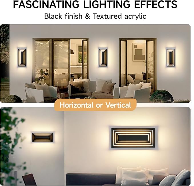 Outdoor Wall Lights 3-Tier Large Exterior Lighting Fixtures 15.7 in | Modern Acrylic Wall Sconce For Front Porch,Garage, Included LED 3000K Warm White 24W Light Bead, 360° Angle,Waterproof,2 Pack