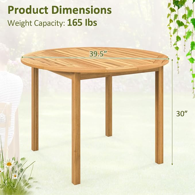 Tangkula 39.5" Round Outdoor Dining Table for 4, Acacia Wood 4-Person Large Patio Dining Table, Farmhouse Indoor Outdoor Dining Furniture for Deck, Garden, Poolside & Backyard