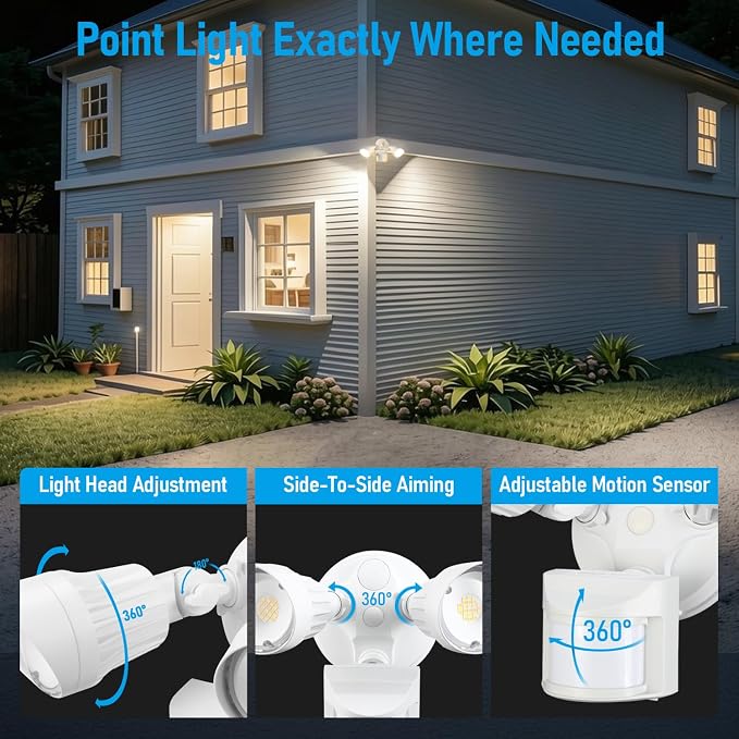 LEONLITE 3CCT Motion Sensor Security Lights Dusk to Dawn IP65 White | LED Motion Detector Flood Light Outdoor, 3000K4000K5000K Selectable, ETL Listed, Adjustable Heads, Aluminum, Waterproof