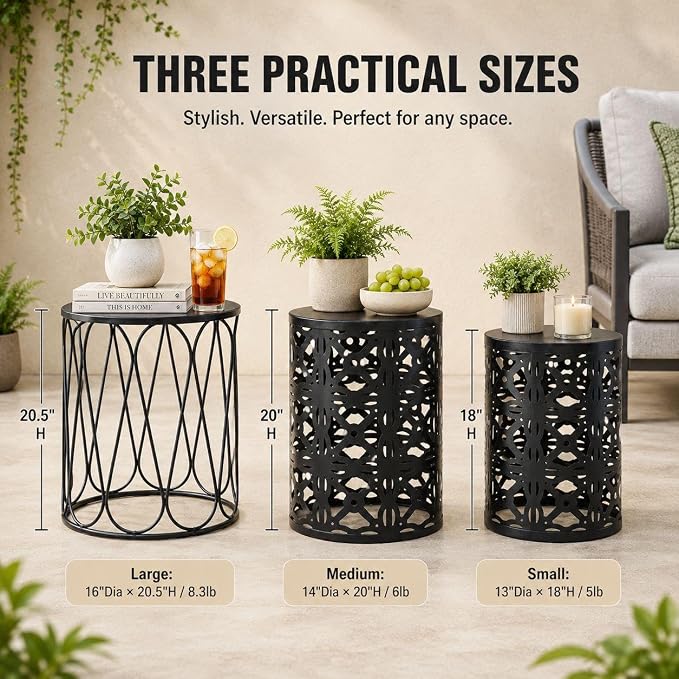 Y&M Outdoor Side Tables Set of 3, Metal Stacking Patio Side Tables for Outside, Round Indoor End Tables, Decorative Garden Stool Plant Stand for Patio Garden Balcony Porch, Black
