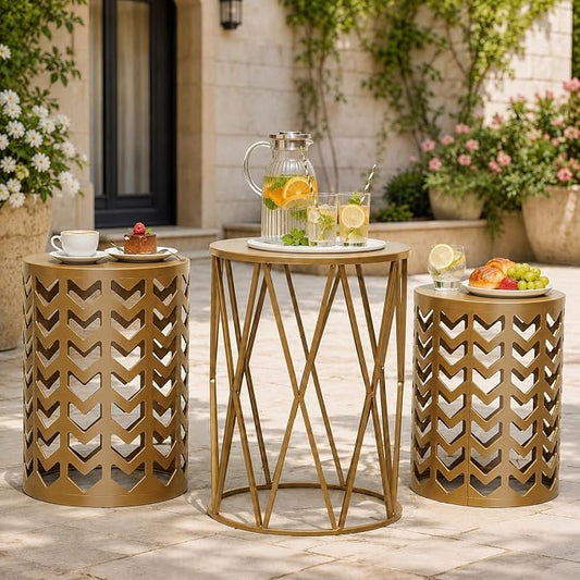 Y&M Nesting Side Table, Set of 3 Stacking Coffee Tables for Living Room End Tables, Outdoor Decorative Garden Stool with Heavy Duty Modern Industrial Decor - Gold (Ship from US)