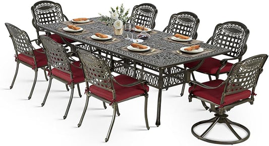 VIVIJASON 9-Piece Outdoor Dining Set, Cast Aluminum Patio Table & Chair Furniture Set for 8, Include 94.5" Rectangular Table, 2 Swivel Rocker Chairs, 6 Stationary Chairs, Umbrella Hole, Red Cushion